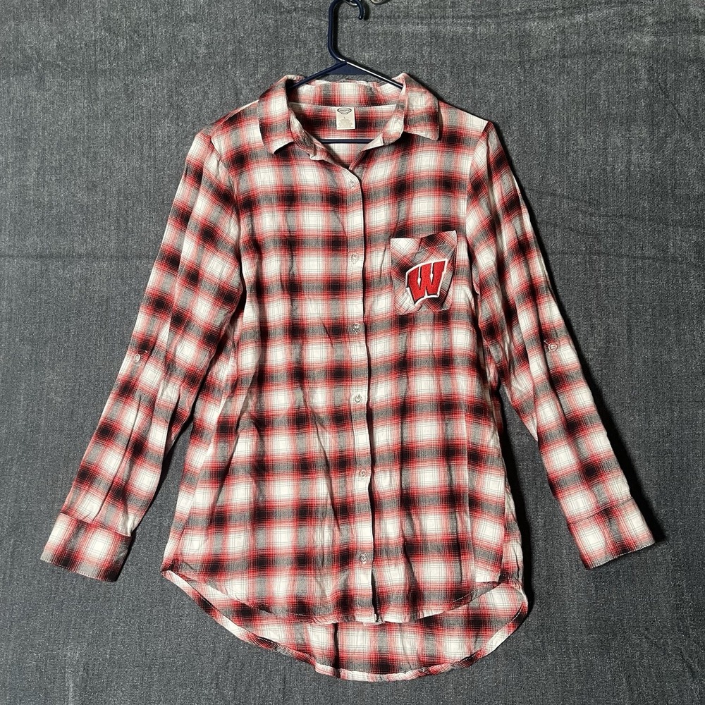 Wisconsin Badgers Concepts Sport Women's Flannel Shirt Large Red Plaid Button Up